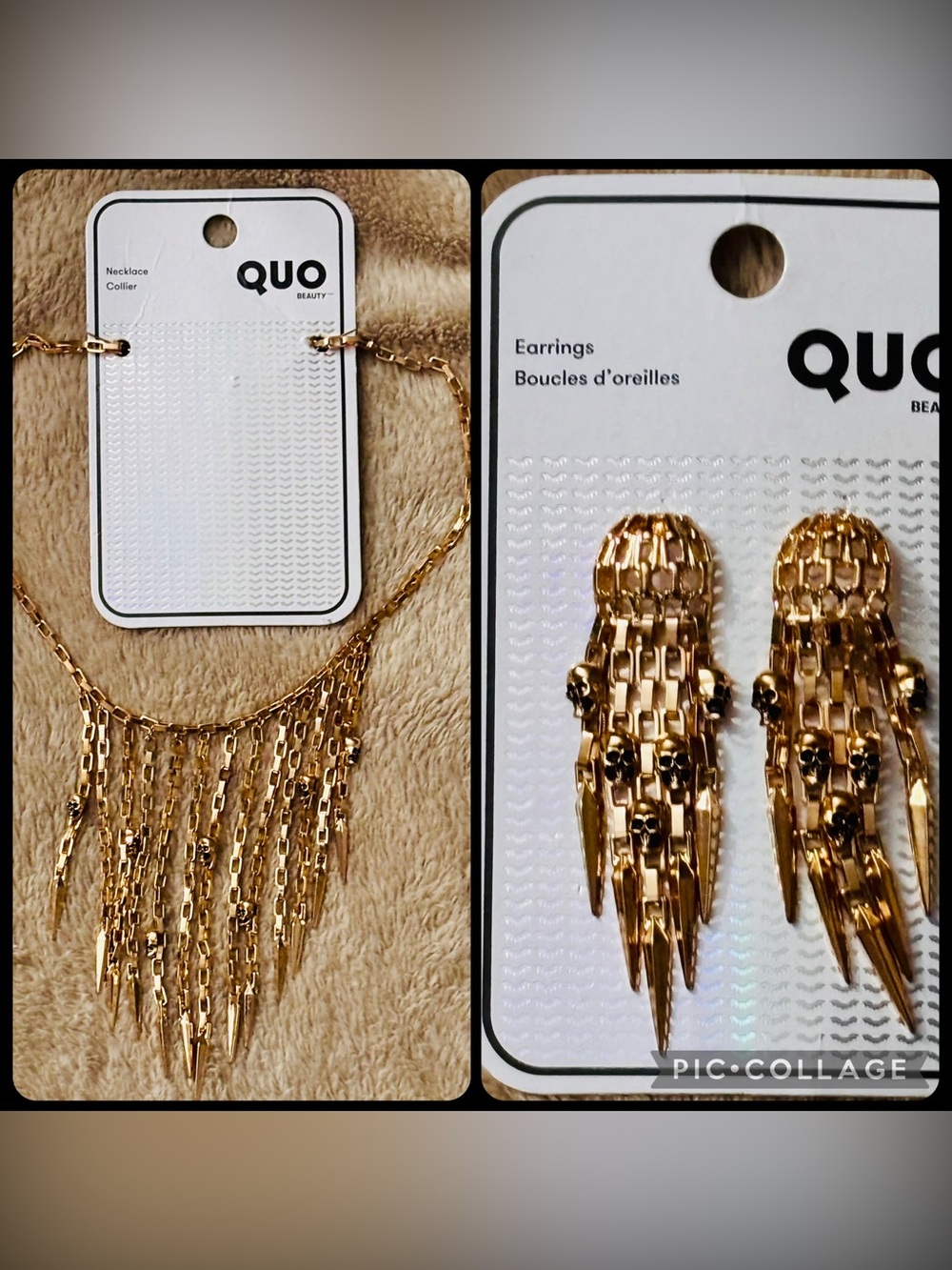 Quo Set of Halloween Skulls Gold Waterfall Style Necklace & Matching Earrings